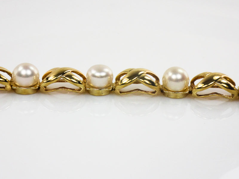 Vintage 14k Yellow Gold Pearl Bracelet, Hugs and Kisses Pearl Bridal Bracelet, June Birthstone Bracelet 7.5"