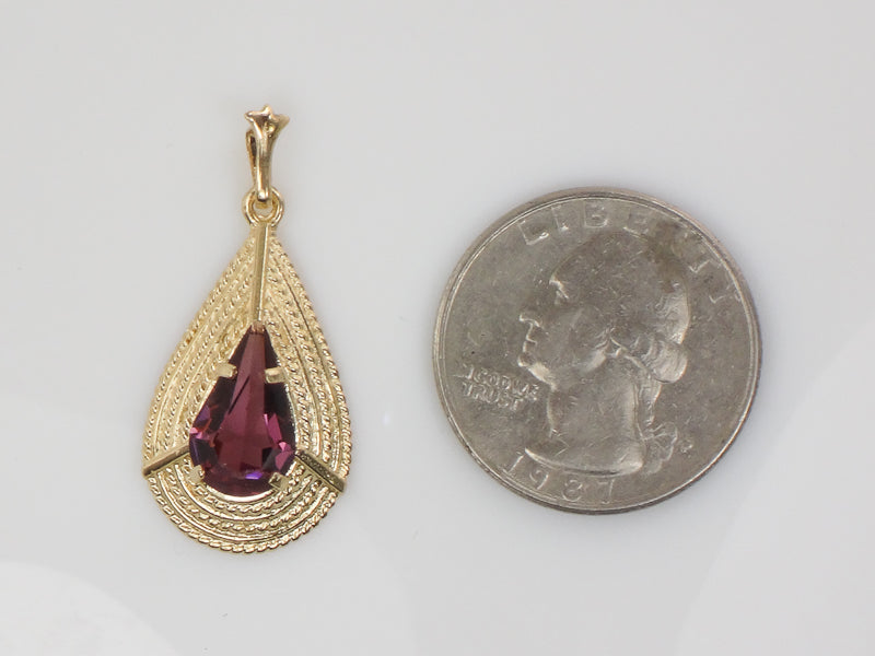 Vintage 14k Yellow Gold Purple Glass Teardrop Shaped Pendant Circa 1970's