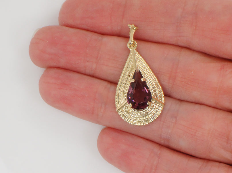 Vintage 14k Yellow Gold Purple Glass Teardrop Shaped Pendant Circa 1970's