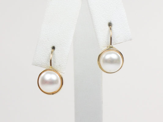 Vintage 14k Yellow Gold Button Pearl Earrings with Lever Backs, Bridal Earrings