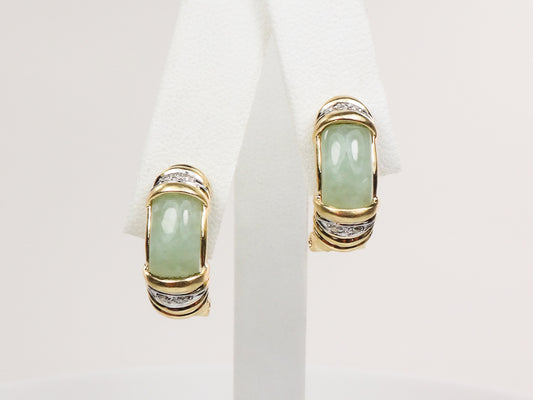 Vintage 14k Yellow Gold Chrysoprase and Diamond Accent Earrings with Omega Backs, Light Green Jade Look Earrings