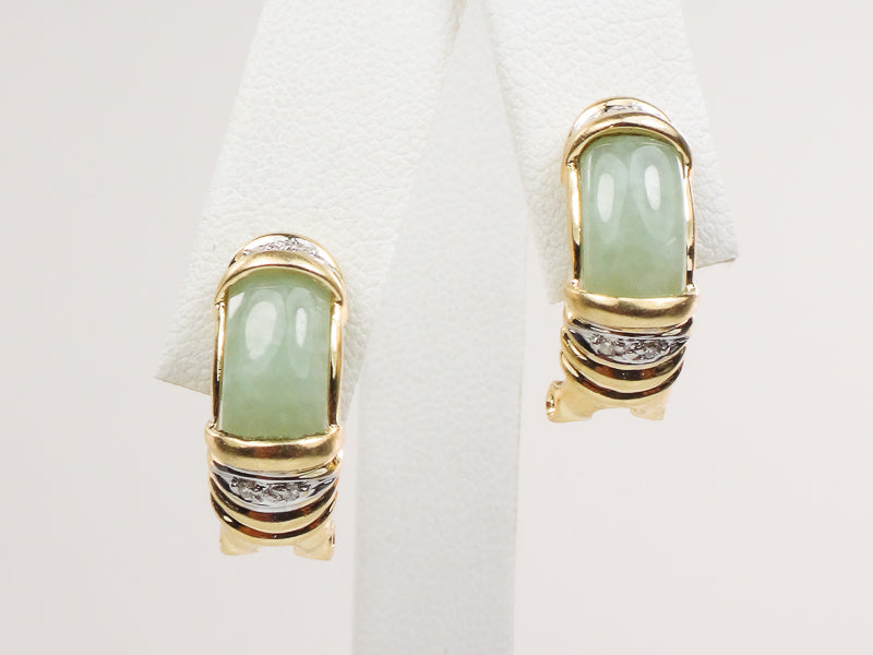 Vintage 14k Yellow Gold Chrysoprase and Diamond Accent Earrings with Omega Backs, Light Green Jade Look Earrings