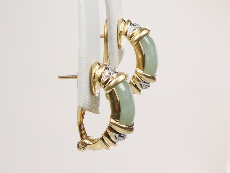 Vintage 14k Yellow Gold Chrysoprase and Diamond Accent Earrings with Omega Backs, Light Green Jade Look Earrings