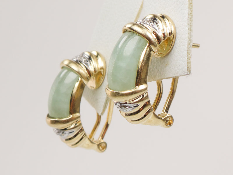 Vintage 14k Yellow Gold Chrysoprase and Diamond Accent Earrings with Omega Backs, Light Green Jade Look Earrings