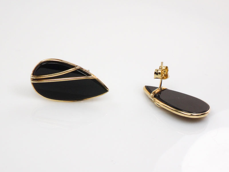 Vintage 14k Yellow Gold Black Onyx Teardrop Shaped Stud Earrings with Post Backs