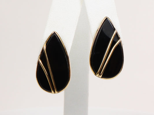 Vintage 14k Yellow Gold Black Onyx Teardrop Shaped Stud Earrings with Post Backs