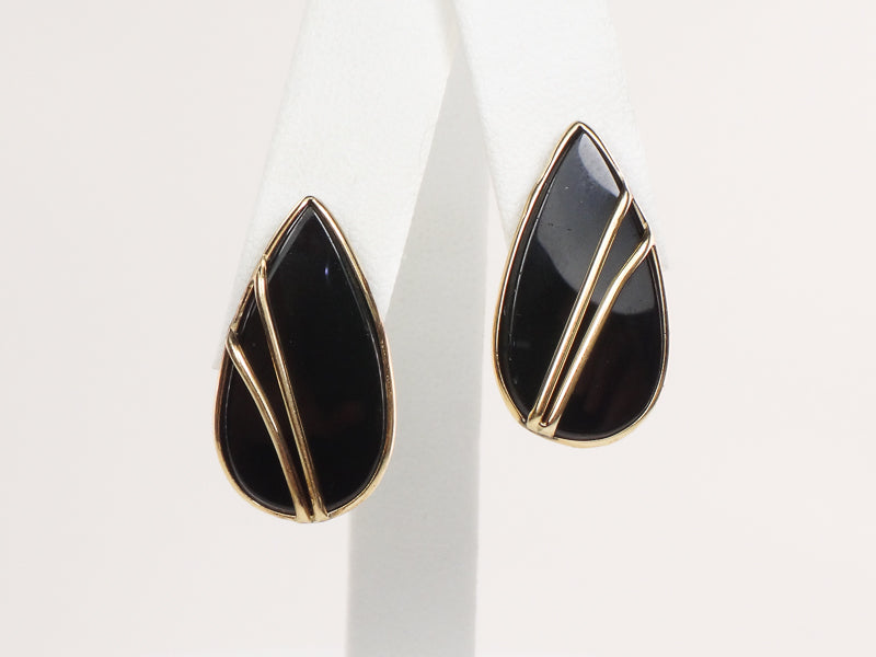 Vintage 14k Yellow Gold Black Onyx Teardrop Shaped Stud Earrings with Post Backs