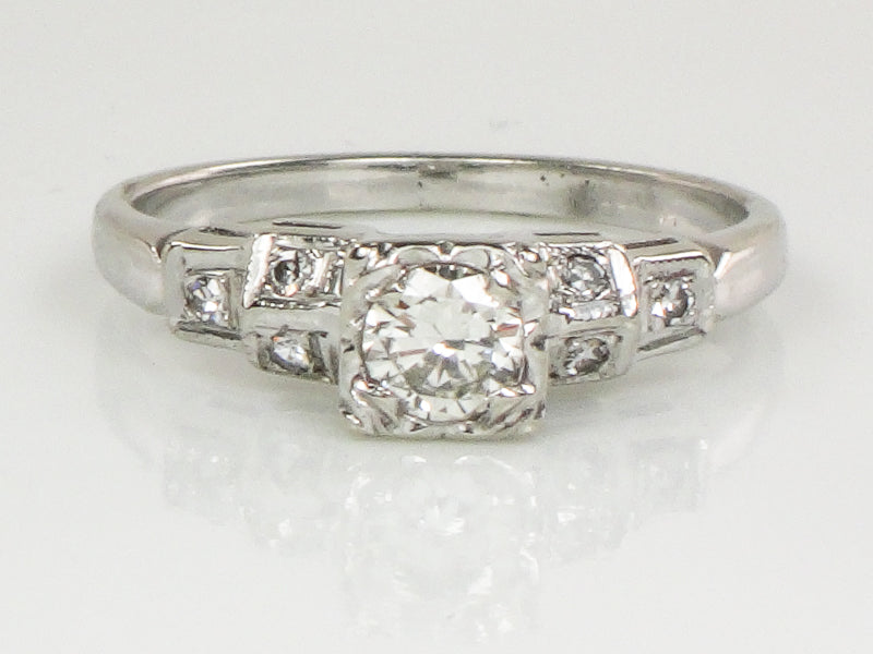 Vintage Art Deco Style 14k White Gold Transitional European Cut Natural Diamond Engagement Ring Size 5.75
