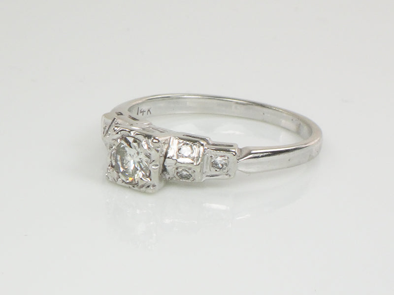 Vintage Art Deco Style 14k White Gold Transitional European Cut Natural Diamond Engagement Ring Size 5.75