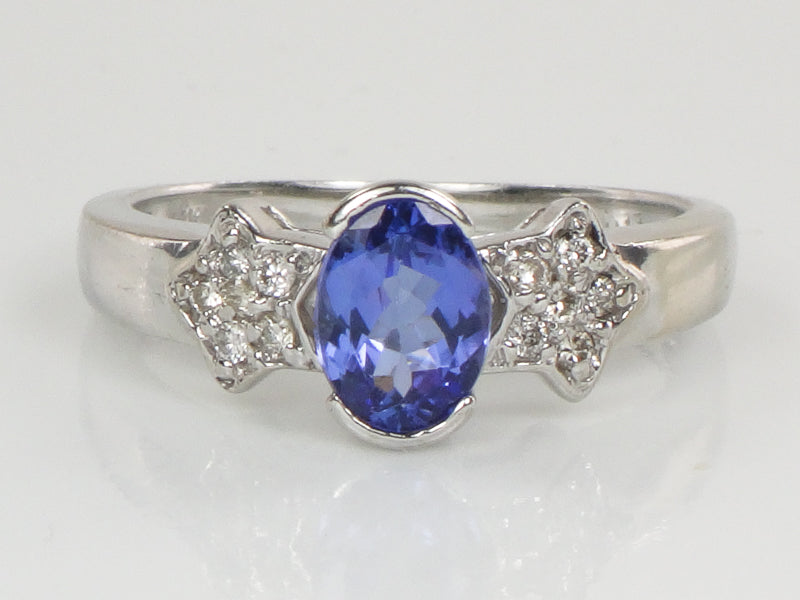 Le Vian 14k White Gold Oval Tanzanite and Pave Diamond Stars Ring (Estate), Size 8