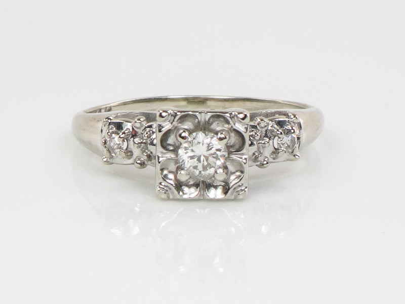 Vintage 14k White Gold Round Cut Natural Diamond Engagement Ring Circa 1950's Size 5