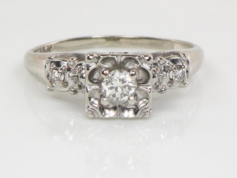 Vintage 14k White Gold Round Cut Natural Diamond Engagement Ring Circa 1950's Size 5