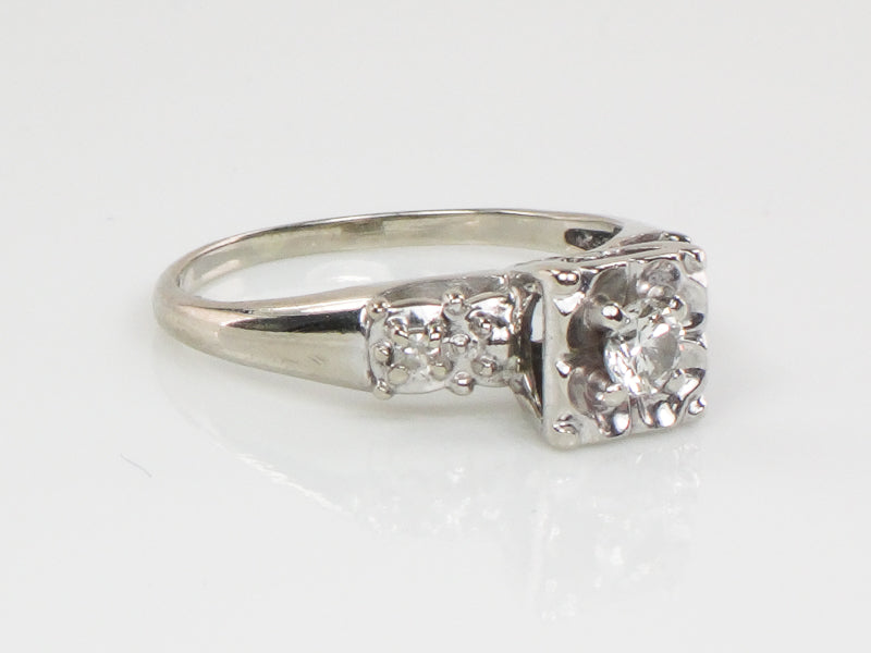 Vintage 14k White Gold Round Cut Natural Diamond Engagement Ring Circa 1950's Size 5