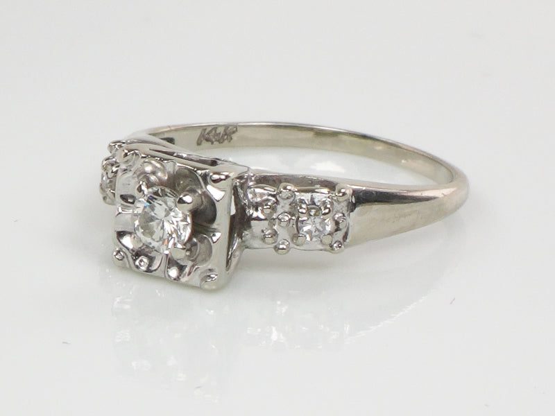 Vintage 14k White Gold Round Cut Natural Diamond Engagement Ring Circa 1950's Size 5