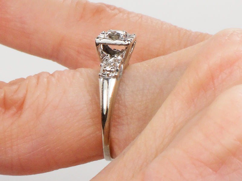 Vintage 14k White Gold Round Cut Natural Diamond Engagement Ring Circa 1950's Size 5