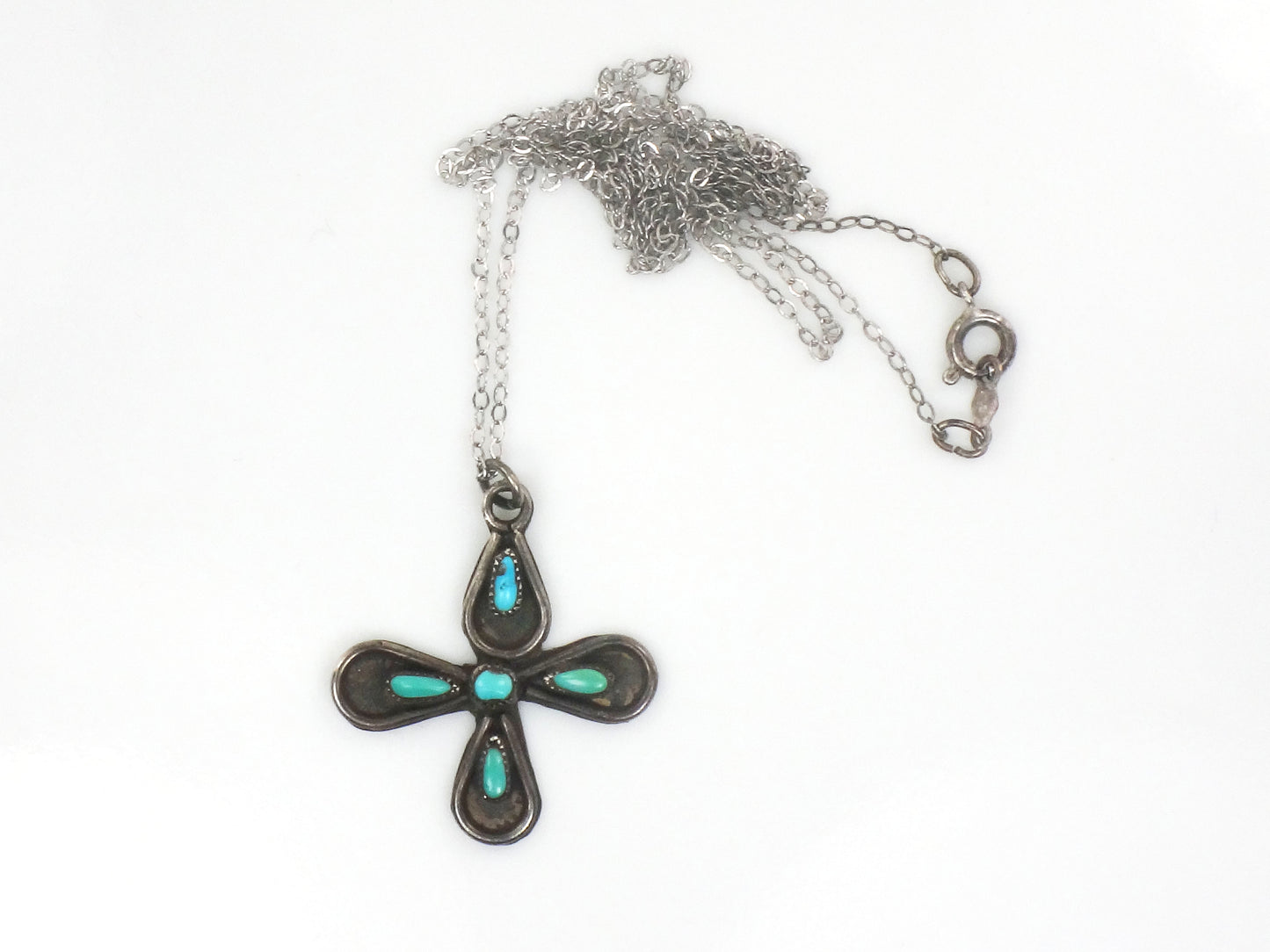 Vintage Long Sterling Silver Native American Style Turquoise Cross Necklace 25"