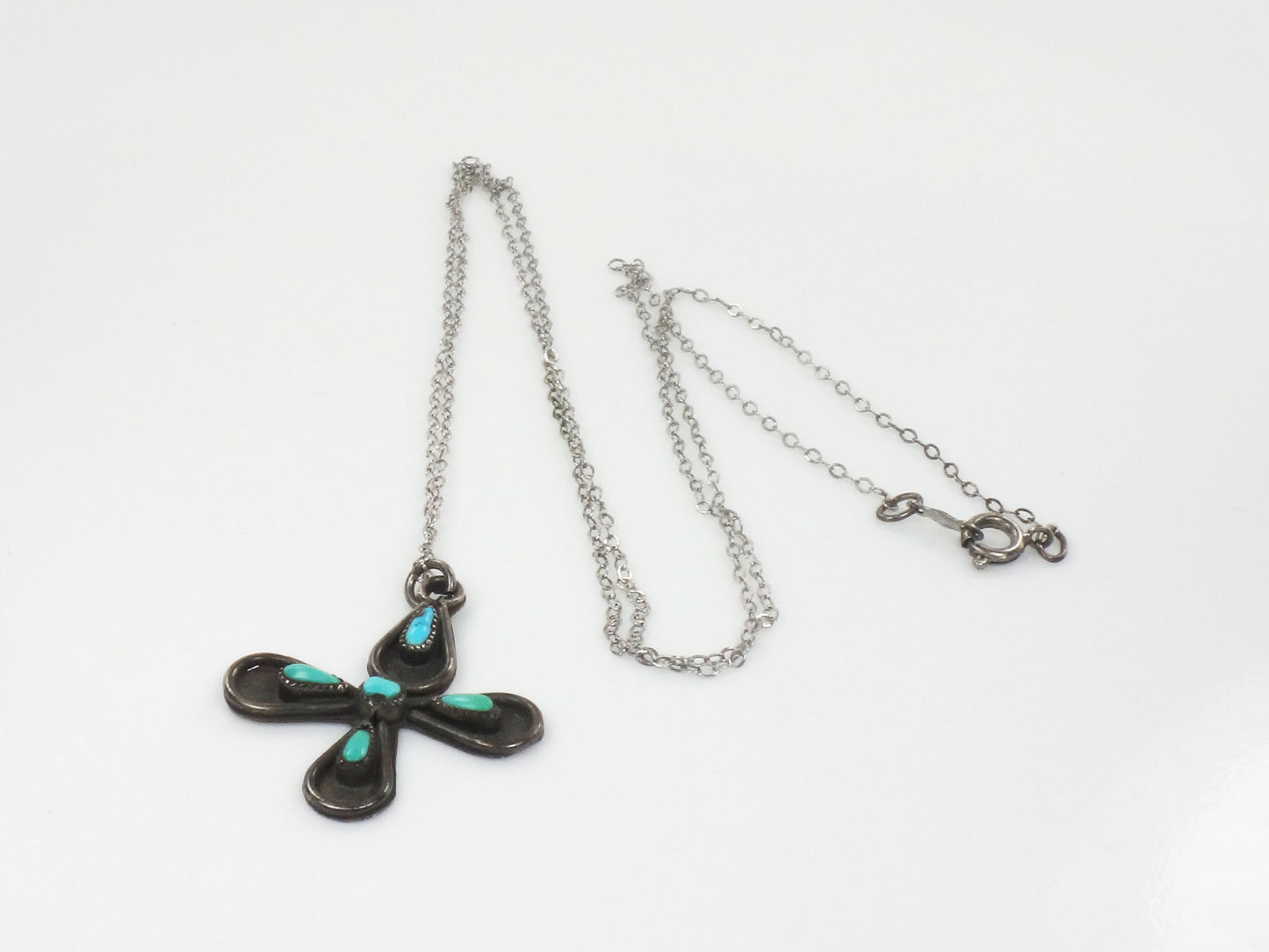 Vintage Long Sterling Silver Native American Style Turquoise Cross Necklace 25"