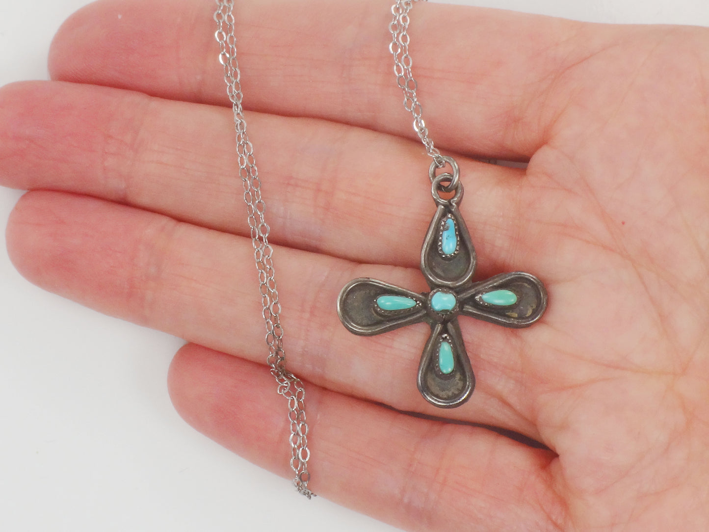 Vintage Long Sterling Silver Native American Style Turquoise Cross Necklace 25"