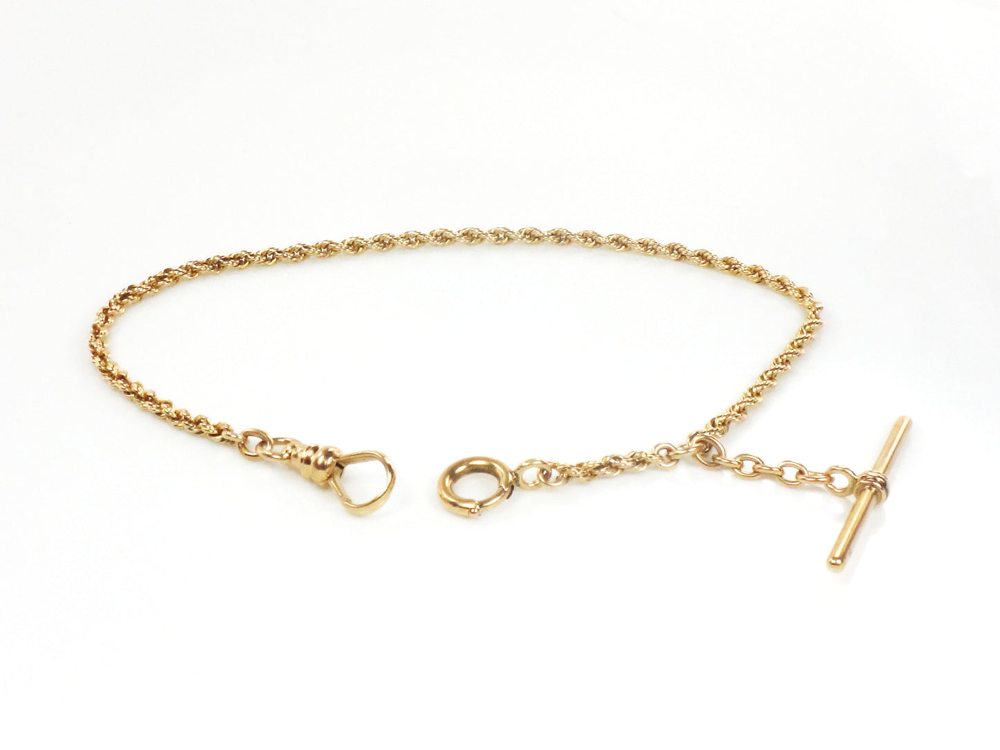 Antique 14k Yellow Gold Watch Chain, Victorian Albert Pocket Watch Chain with T-Bar 10.5"