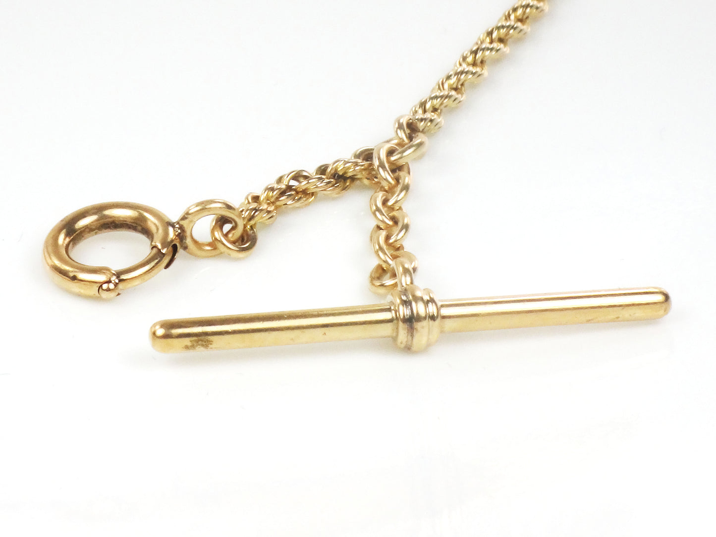 Antique 14k Yellow Gold Watch Chain, Victorian Albert Pocket Watch Chain with T-Bar 10.5"