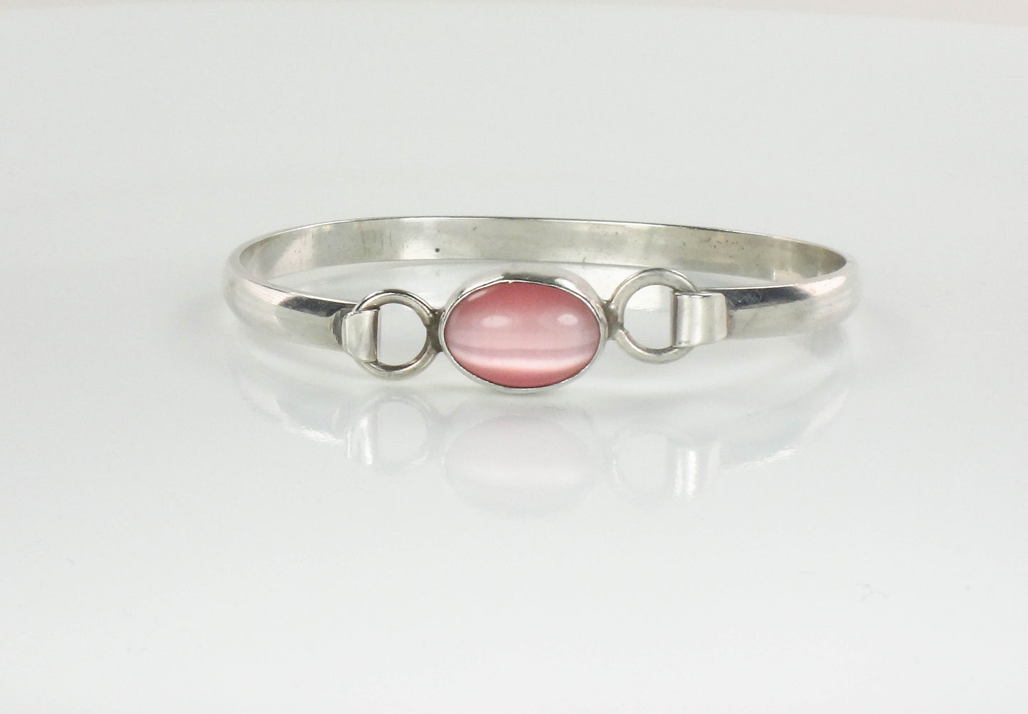 Vintage Sterling Silver Pink Cats Eye Glass Bangle Bracelet, Made in Mexico