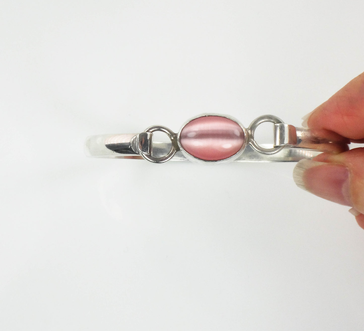 Vintage Sterling Silver Pink Cats Eye Glass Bangle Bracelet, Made in Mexico