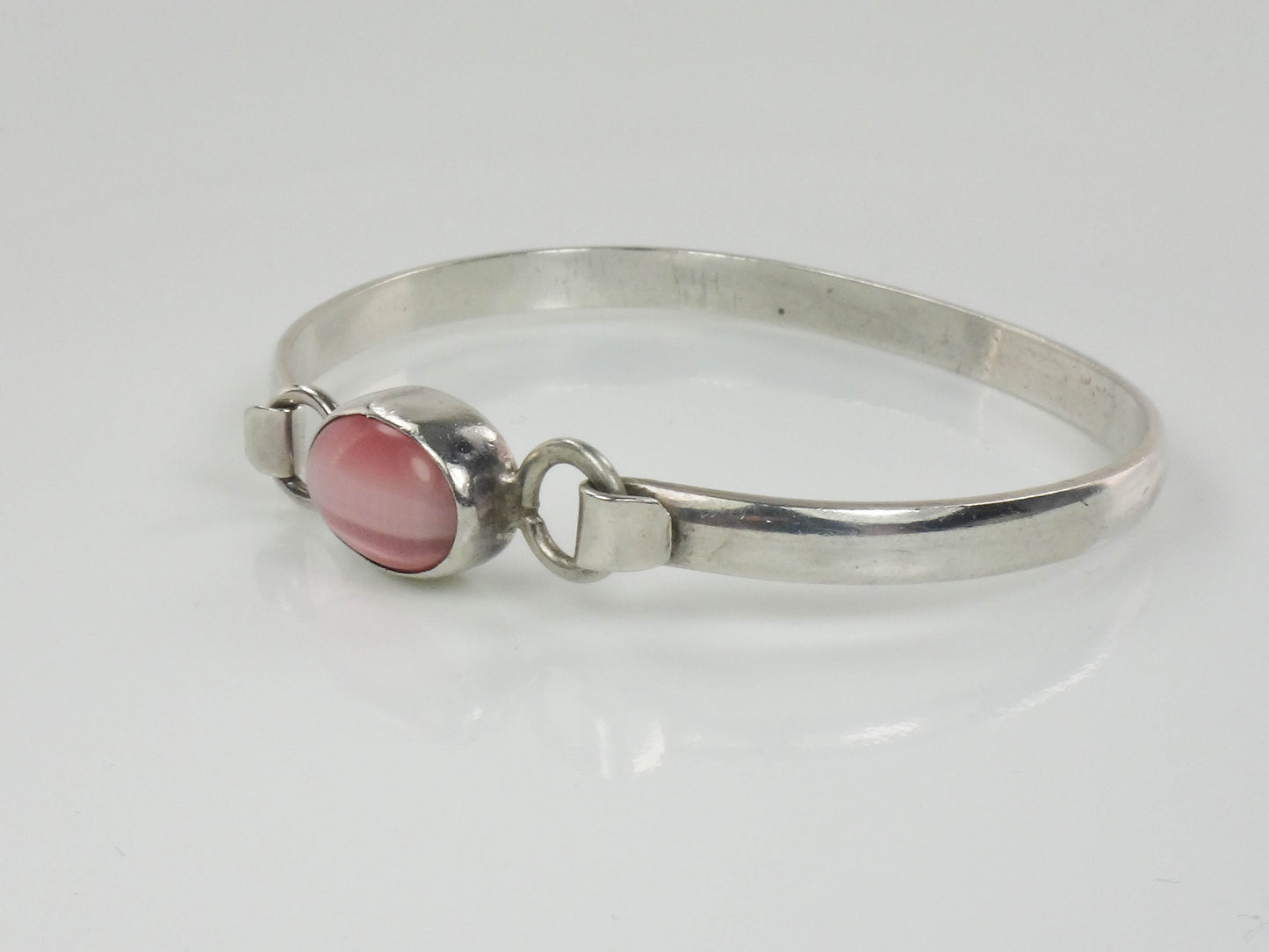 Vintage Sterling Silver Pink Cats Eye Glass Bangle Bracelet, Made in Mexico