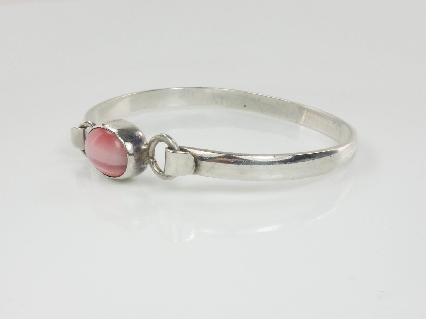 Vintage Sterling Silver Pink Cats Eye Glass Bangle Bracelet, Made in Mexico