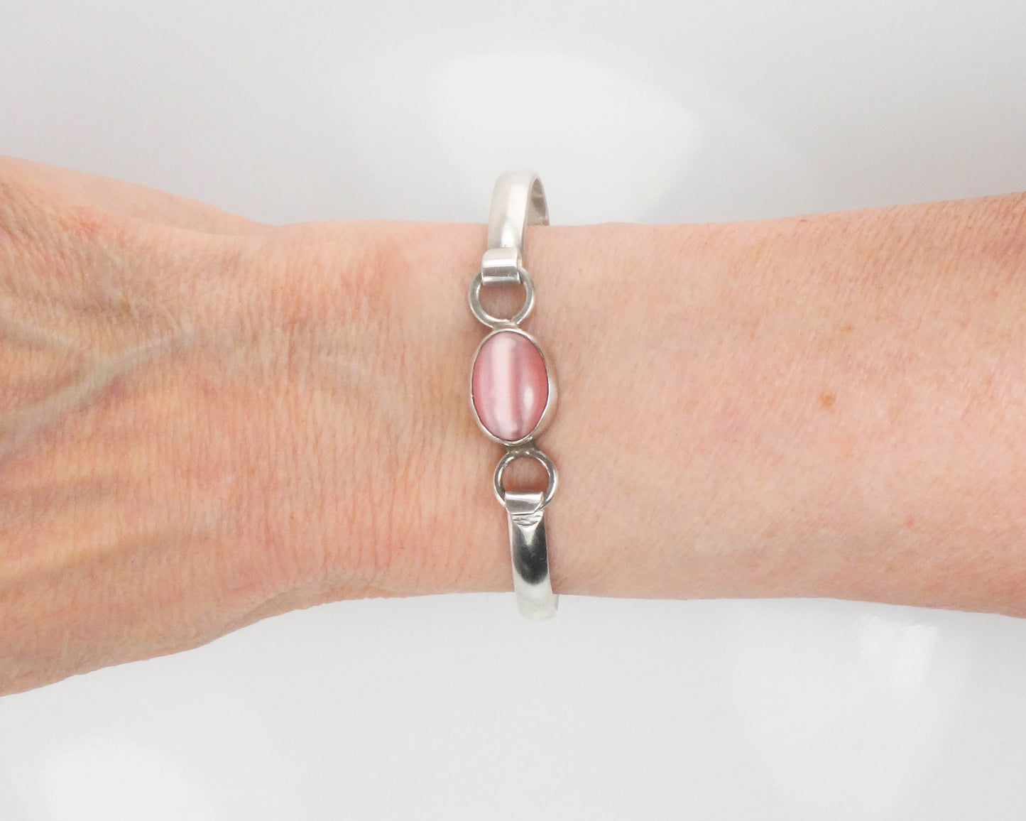 Vintage Sterling Silver Pink Cats Eye Glass Bangle Bracelet, Made in Mexico