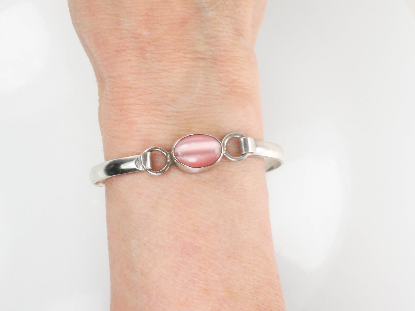 Vintage Sterling Silver Pink Cats Eye Glass Bangle Bracelet, Made in Mexico