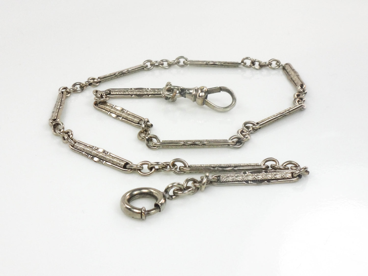 Art Deco White Gold Filled GF Link and Bar Pocket Watch Chain 13 1/8"