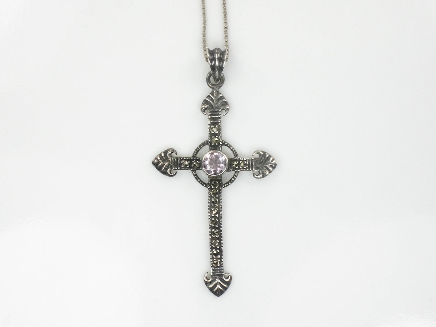 Estate Sterling Silver Large Purple Amethyst and Marcasite Cross Pendant Necklace 24"