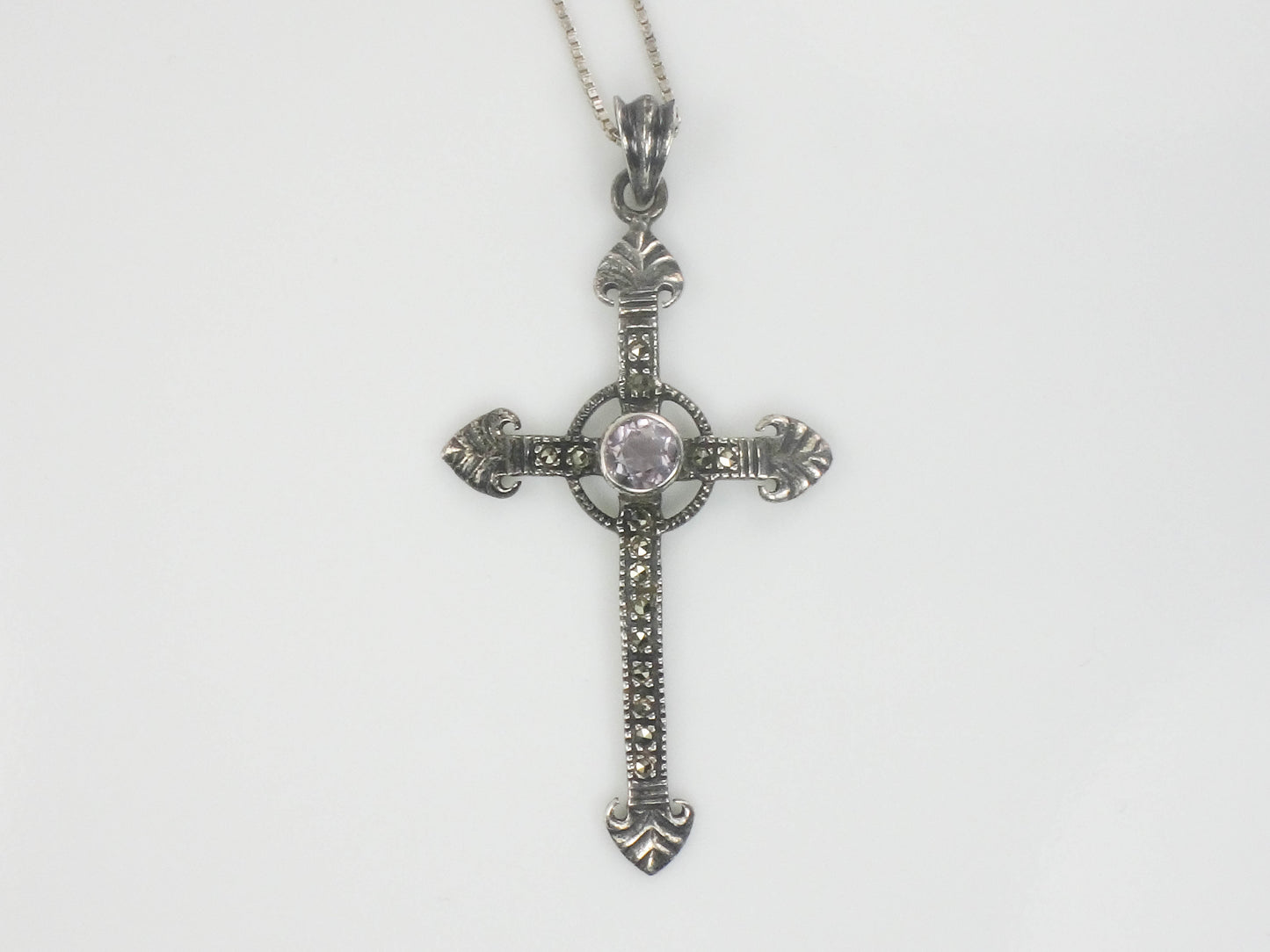 Estate Sterling Silver Large Purple Amethyst and Marcasite Cross Pendant Necklace 24"