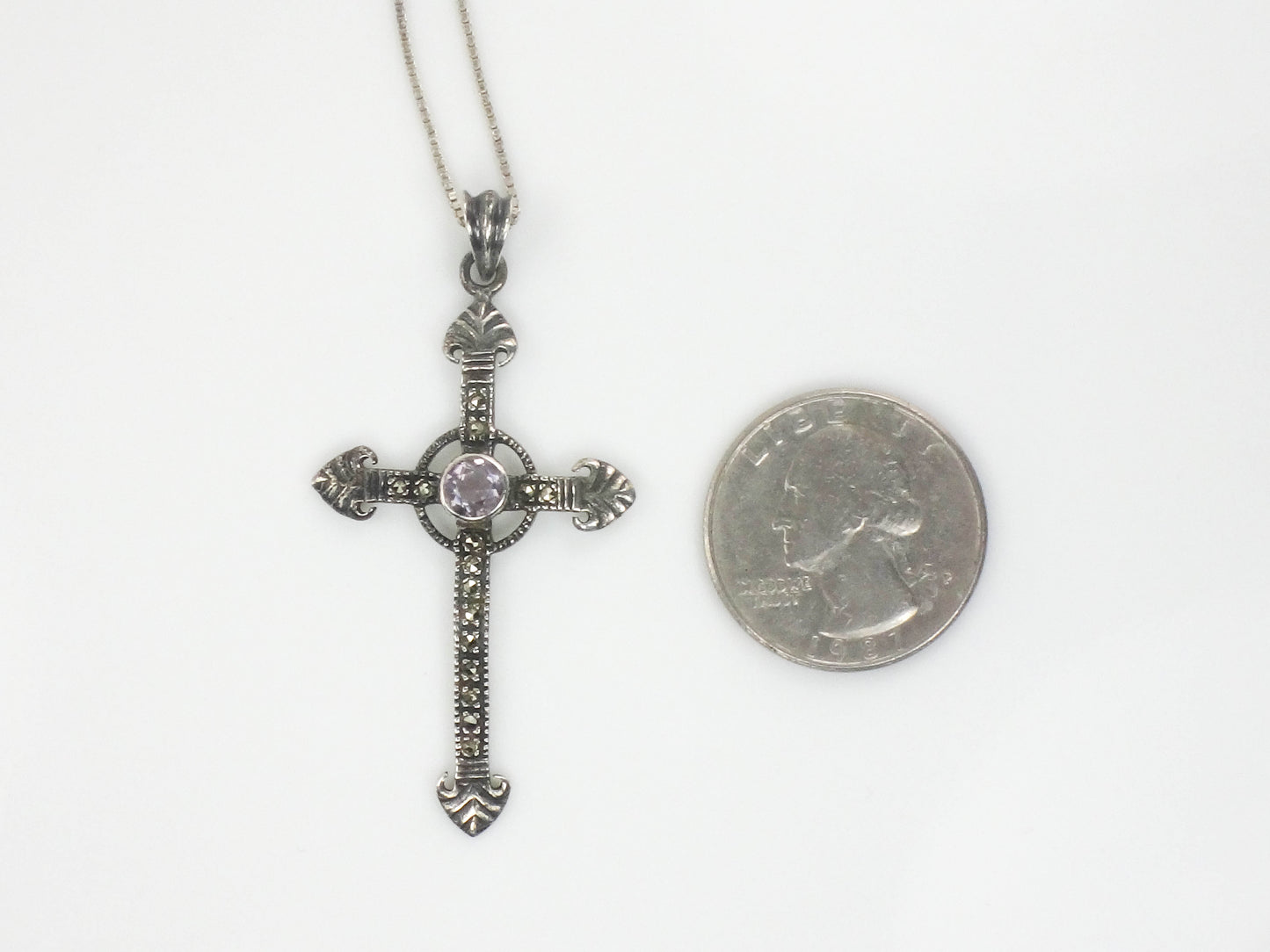 Estate Sterling Silver Large Purple Amethyst and Marcasite Cross Pendant Necklace 24"