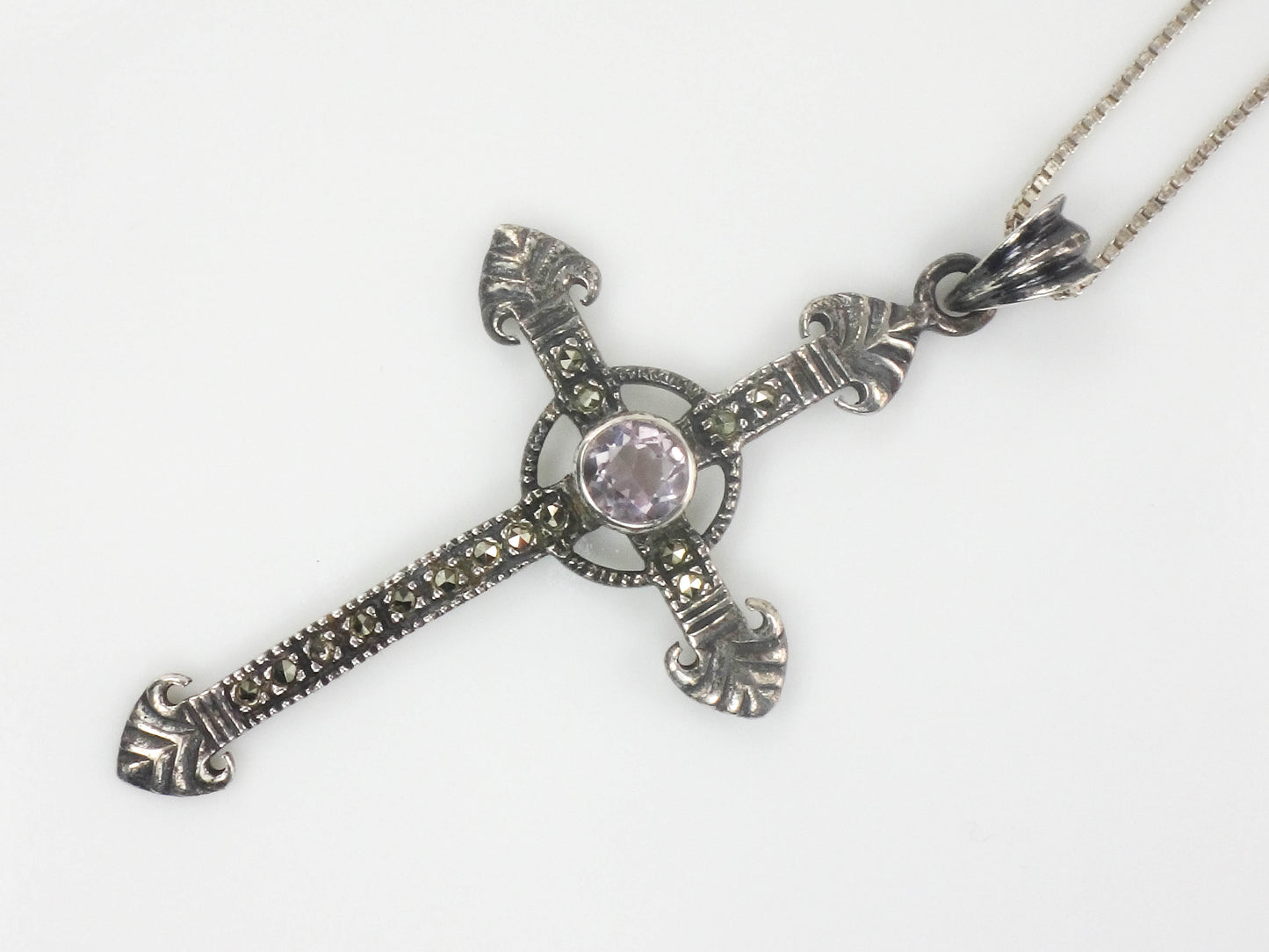 Estate Sterling Silver Large Purple Amethyst and Marcasite Cross Pendant Necklace 24"