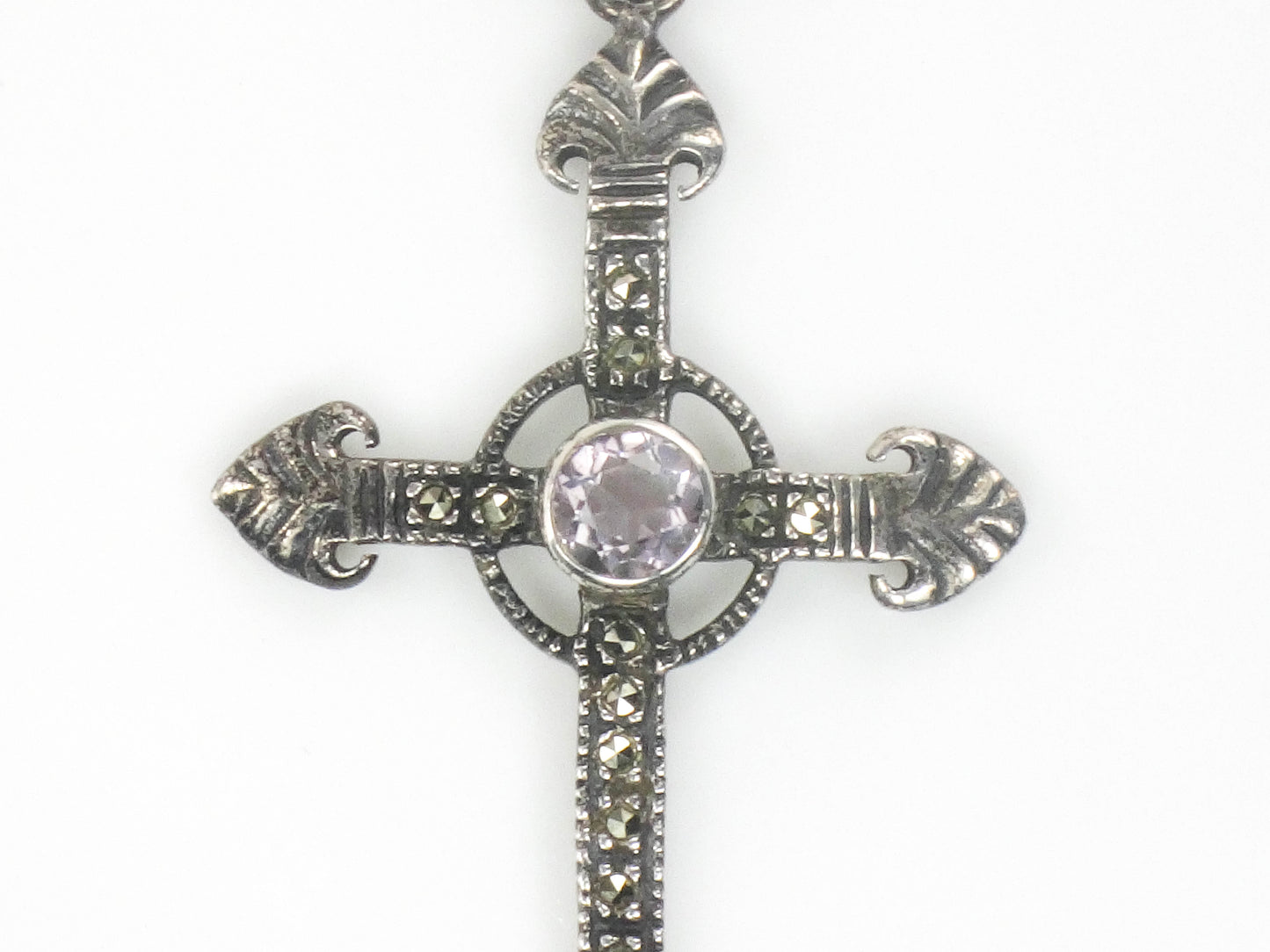 Estate Sterling Silver Large Purple Amethyst and Marcasite Cross Pendant Necklace 24"