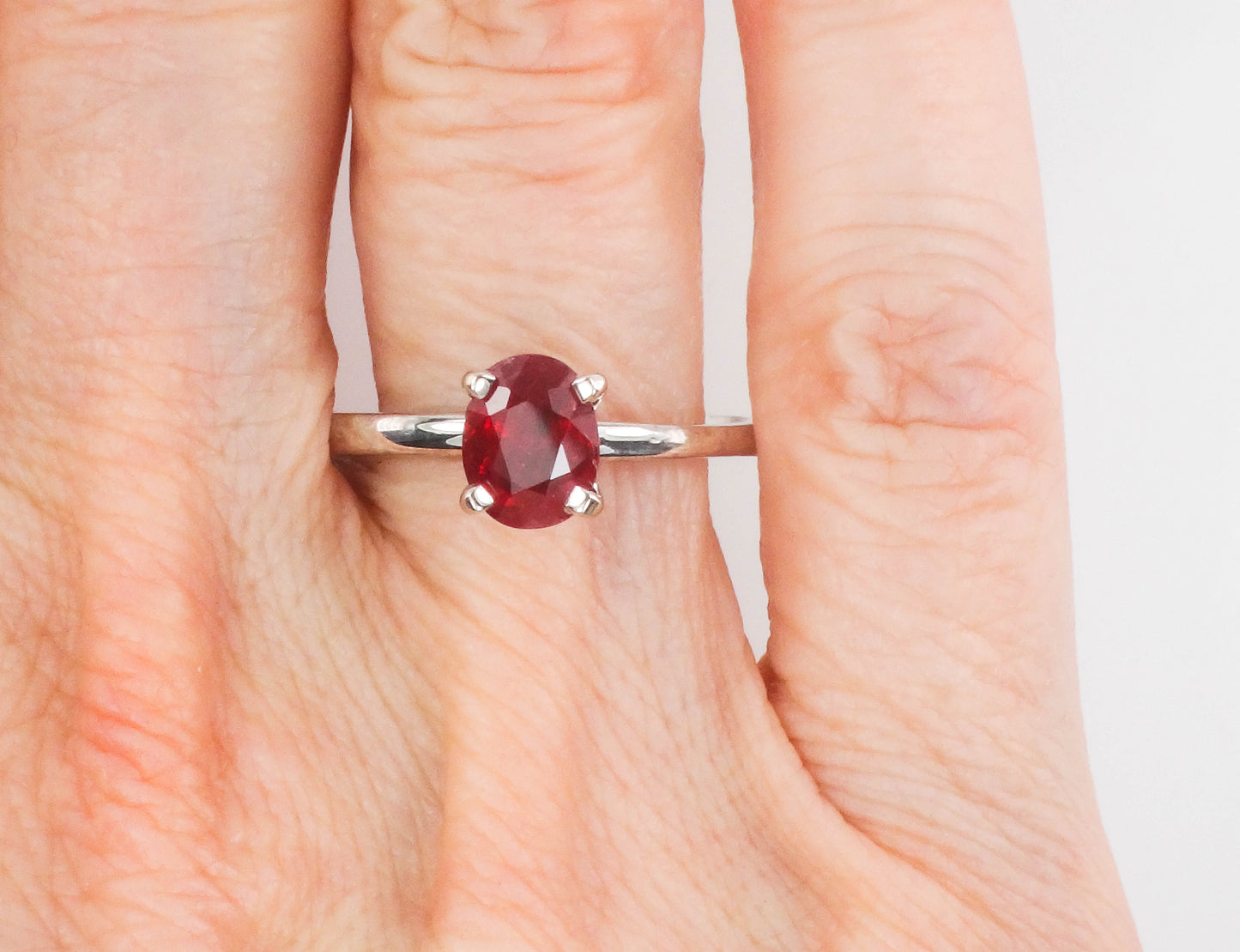 Estate 18k White Gold Oval Cut Ruby Solitaire Ring, Approx. 1.5 Carat Ruby Engagement Ring Size 9