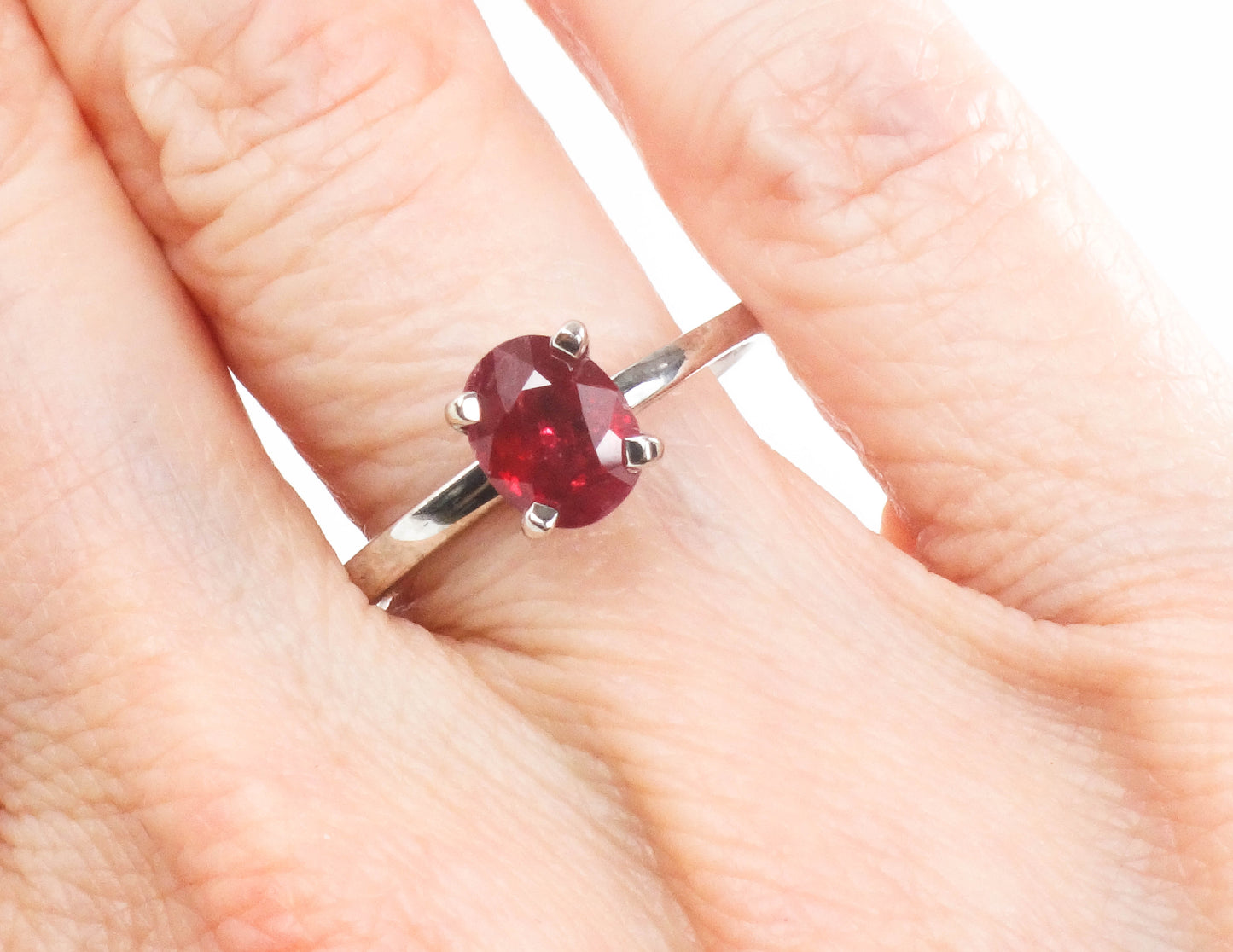 Estate 18k White Gold Oval Cut Ruby Solitaire Ring, Approx. 1.5 Carat Ruby Engagement Ring Size 9