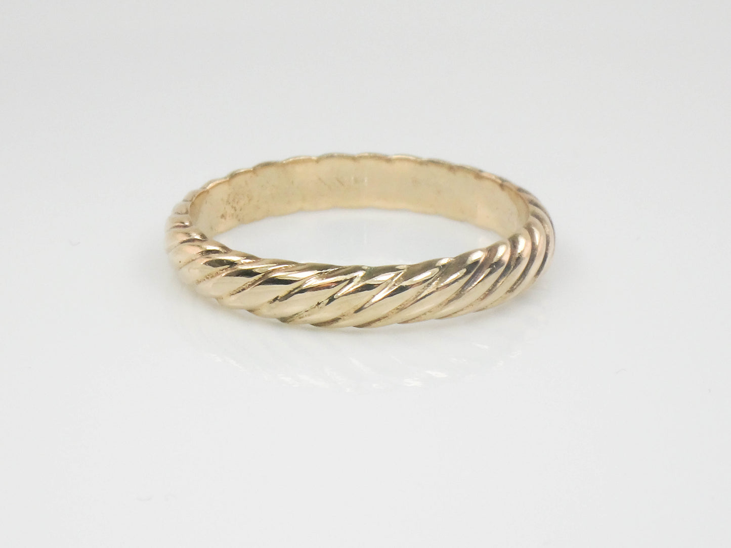 Vintage 14k Yellow Gold ArtCarved Wood Ribbed Twist Wedding Band, Solid Gold 3.7 MM Stacking Ring, Size 10