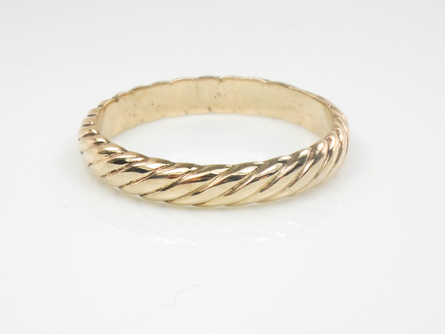 Vintage 14k Yellow Gold ArtCarved Wood Ribbed Twist Wedding Band, Solid Gold 3.7 MM Stacking Ring, Size 10