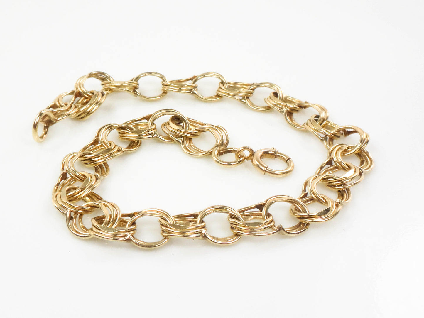 Vintage Solid 14k Yellow Gold Triple Round Link Charm Bracelet 7.25"