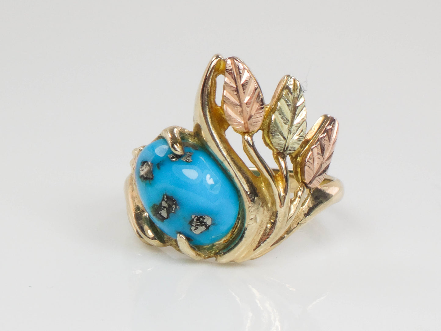 Vintage 10k Yellow and Rose Gold Turquoise Ring with Leaves and Berries, Size 4