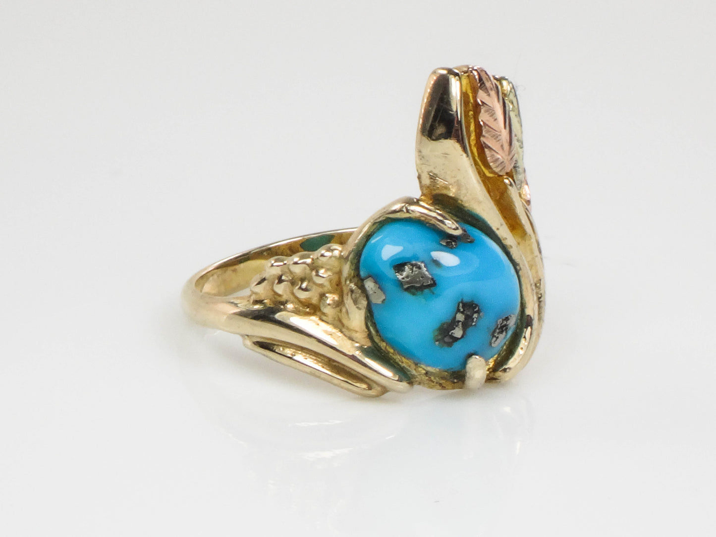 Vintage 10k Yellow and Rose Gold Turquoise Ring with Leaves and Berries, Size 4