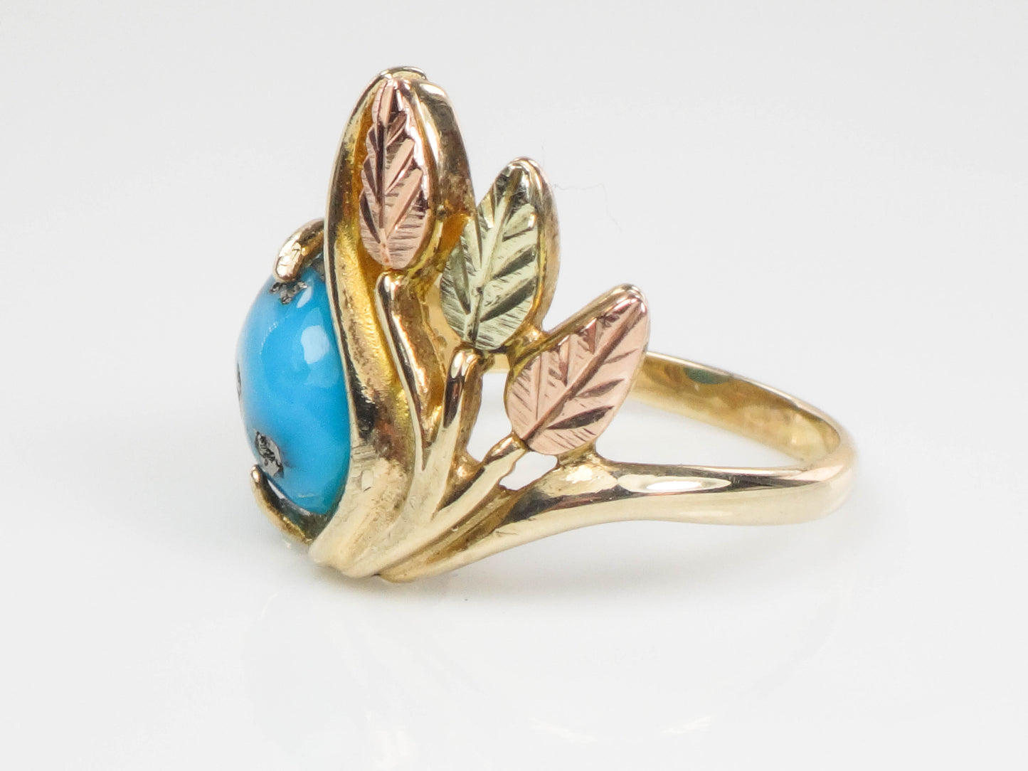 Vintage 10k Yellow and Rose Gold Turquoise Ring with Leaves and Berries, Size 4