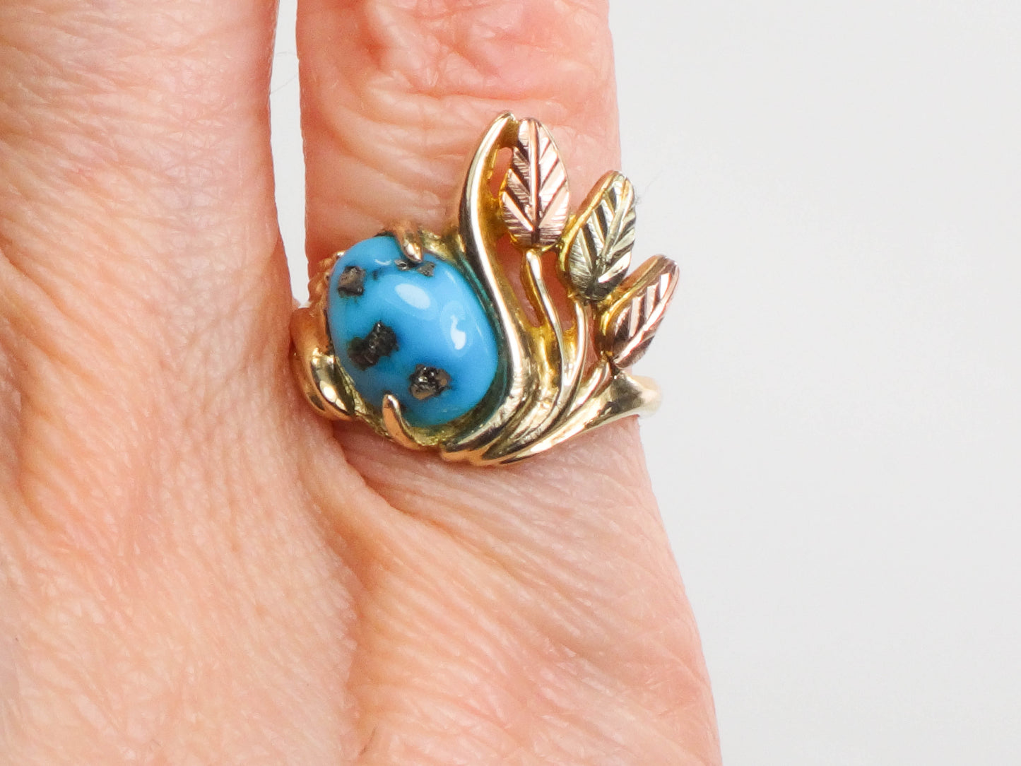 Vintage 10k Yellow and Rose Gold Turquoise Ring with Leaves and Berries, Size 4