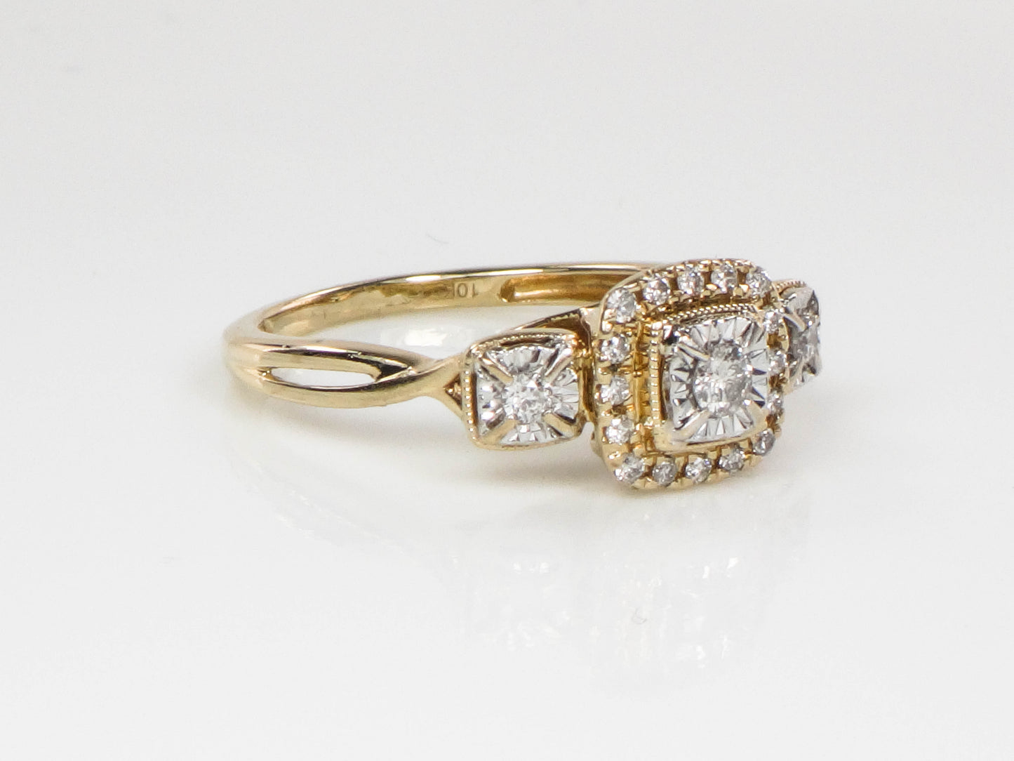 Estate 10k Two Tone Gold Diamond Halo Engagement Ring, Past Present Future Ring, Anniversary Ring