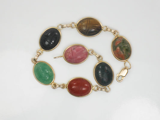 Vintage 14k Gold Scarab Bracelet, Multi-Colored Stone Bracelet, Large Size 8.5"