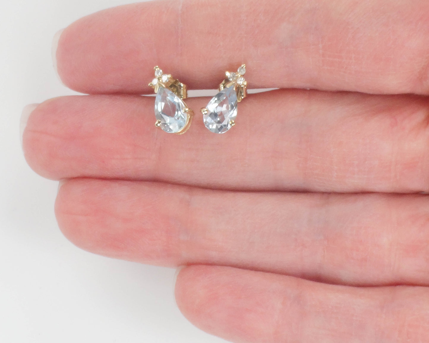 Estate 14k Yellow Gold Teardrop Cut Topaz and Diamond Stud Earrings