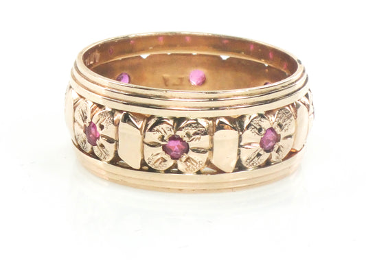 Vintage Retro Wide 14k Rose Gold Ruby Floral Wedding Band Eternity Ring 9.3 MM Size 8.5