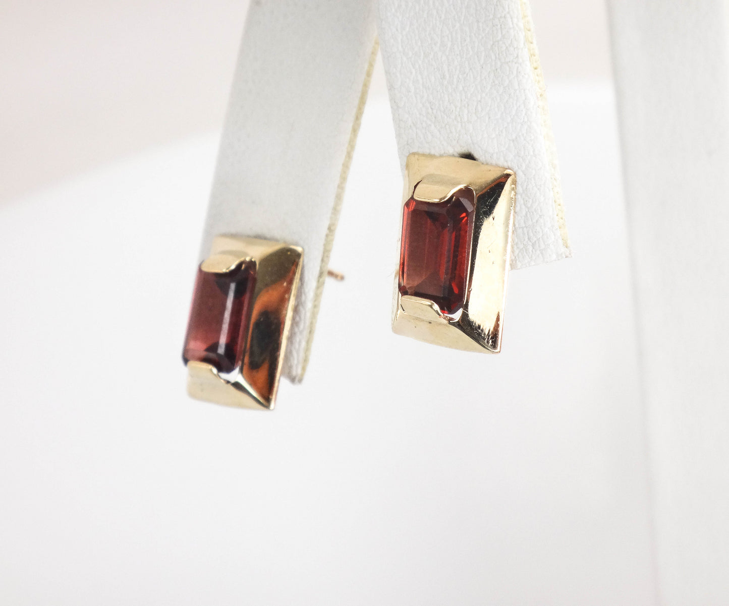 Vintage 10k Yellow Gold Rectangle Garnet Stud Earrings, January Birthstone Earrings